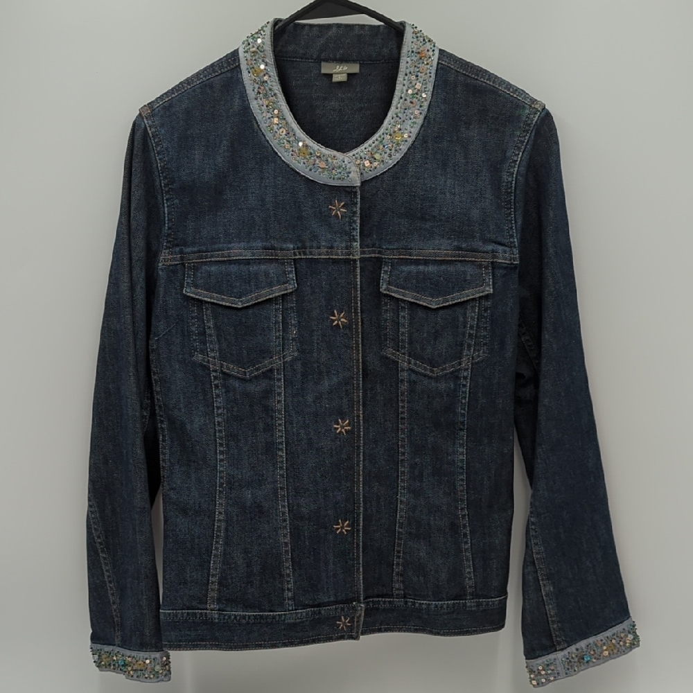 J. Jill Beaded Collar Jacket Floral Embroidered Small outerwear Dark Wash Boho